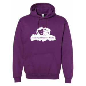 The Plum ACT Hoodie! This hoodie depicts acting masks and the words "Academy of Children's Theatre" on a comfy hoodie. Available in Adult Medium size.