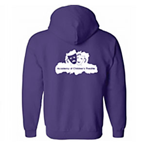 Back of the Purple ACT Zip-Up Hoodie! The Academy of Children's Theatre (ACT) graphic hoodie is a great way to represent! This hoodie depicts acting masks and the words "Academy of Children's Theatre" on the back.